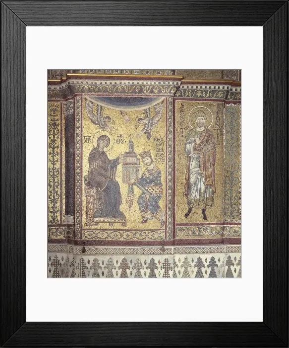 Framed Print : King William II offering to the Virgin the temple of Monreale, 1180, 12th Century, mosaic - Italy, Sicily, Monreale, Cathedral of Saint Mary Nuova. Detail