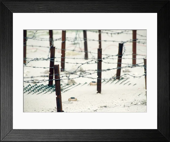 Framed Print : Iraqi anti-personnel mines and barbed wire fences line a beach prior to being cleared in the aftermath of Operation Desert Storm. 1991. (BSLOC_2011_12_27)