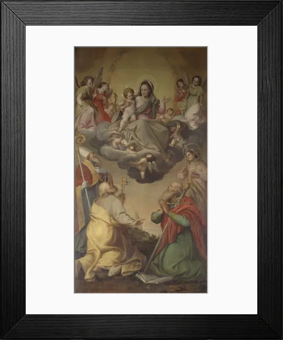 Framed Print : The Virgin in Glory with Saints Peter and Paul, a Saint Bishop and Saint Giustina, School of Federico Fiori also known as Barocci or Baroccio, 17th Century, oil on canvas