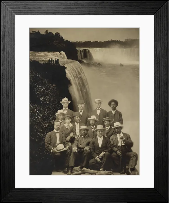 Framed Print : Niagara Movement founders superimposed over an image of Niagara Falls, 1905. Front Row, L-R:, Henry L. Baily of Washington, D.C.; Clement G. Morgan of Massachusetts; W.H.H