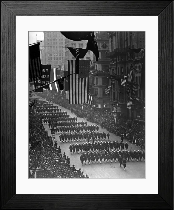 Framed Print : Fourth Liberty Loan Parade during World War I. Sailors from Pelham Bay Naval Training Station marching down Fifth Avenue in New York City. Ca. 1918