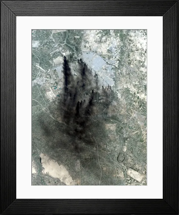 Framed Print : Landsat image of Baghdad showing dark smoke plumes from pits of burning oil around the city center a tactic used to stall and confuse invaders since medieval times