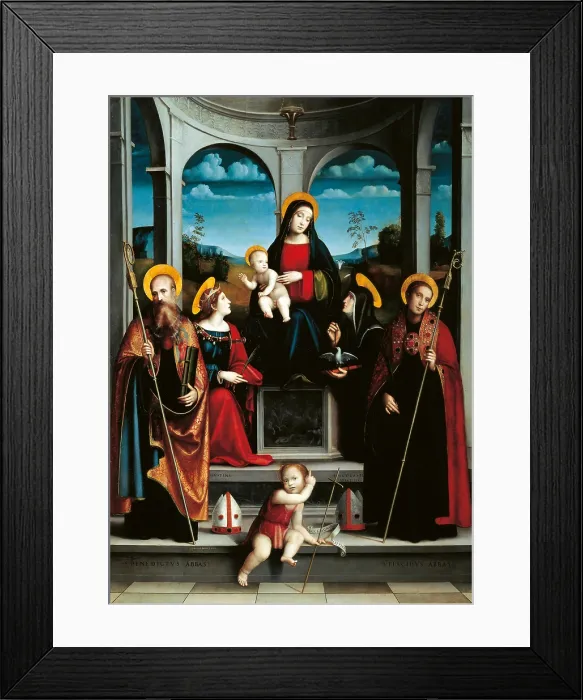 Framed Print : Madonna with Child and Sts Scholastica, Justina, Benedict and Placid, by Francesco Raibolini known as Francia, 1515 about, 16th Century, oil on panel, cm 228 x 162 - Italy