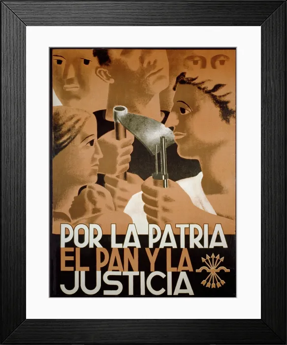 Framed Print : FOR THE HOMELAND, BREAD AND JUSTICE. Spanish Civil War poster presenting Nationalist propaganda. Image is a collage of stylized faces, with men holding a hoe and rifle