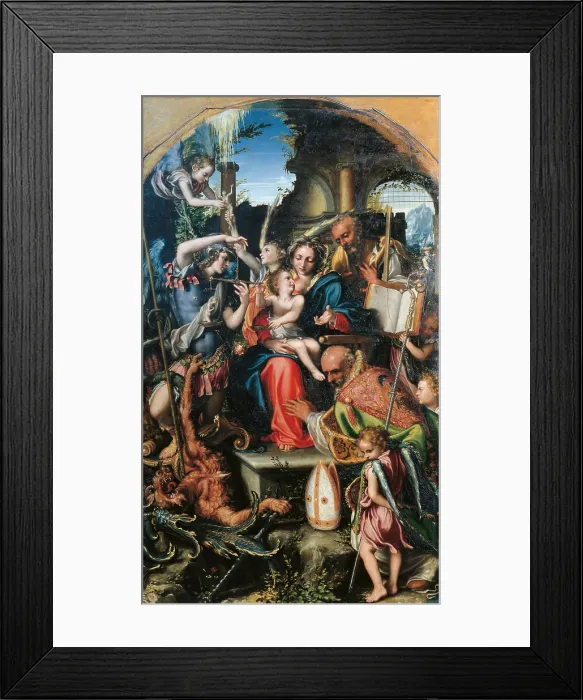 Framed Print : Holy Family with St Michael the Archangel and the Devil Contending for Souls, St Bernard and the Angels, by Giorgio Gandini del Grano, 1535 about, 16th Century, oil on panel