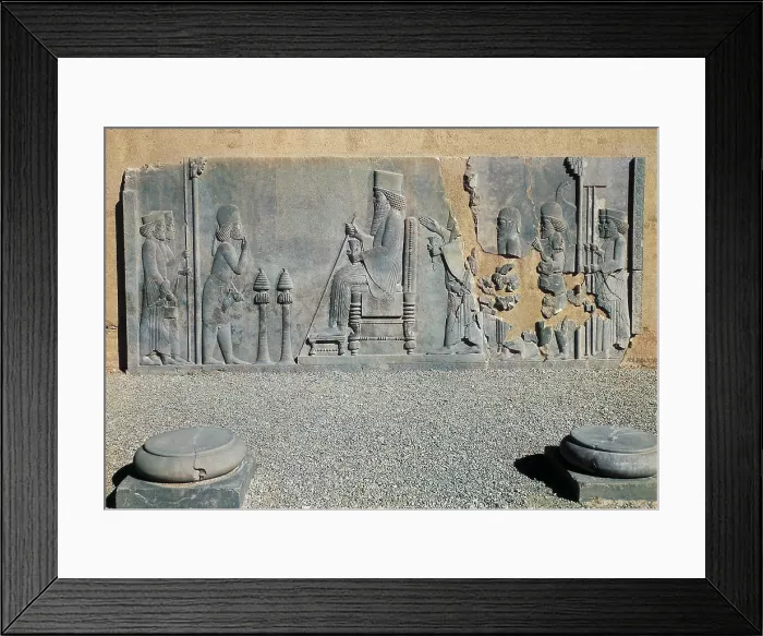 Framed Print : IRAN. Persepolis. Palace of Darius. Relief of Darius I the Great sitting on his throne with dignitaries, 521 BC. Persian art. Relief on rock