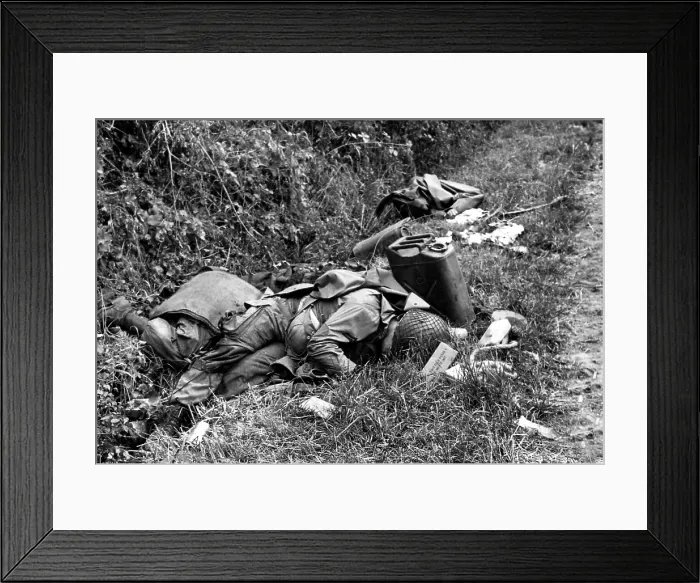 Framed Print : Three dead U.S. Airborne troops in a ditch near Sainte-Marie-du-Mont, Normandy, June 7, 1944. Other D-Day invasion paratroopers captured the town. France, World War 2