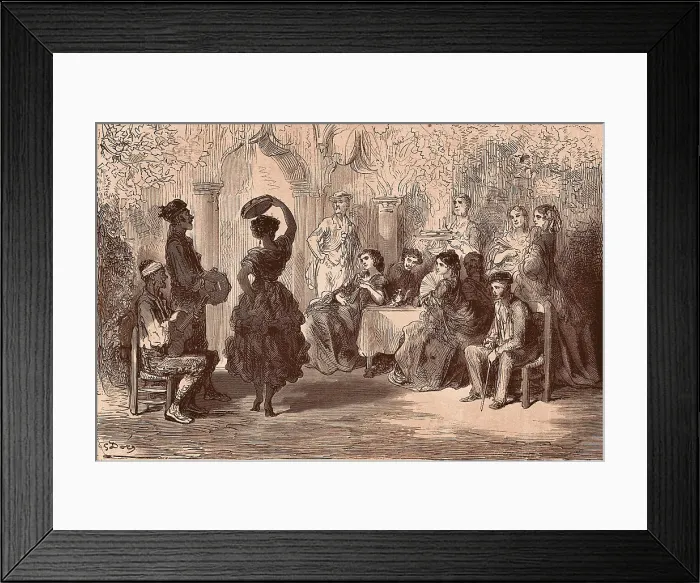 Framed Print : DAVILLIER, Jean Charles (1823 - 1883); Dore, Paul Gustave (1832-1883). L'Espagne. 1874. Gypsy dancing the 'zorongo' in a courtyard in Sevilla. Engraving. SPAIN