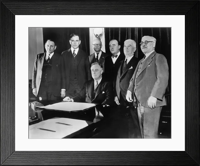 Framed Print : President Franklin Roosevelt ends prohibition by signing the Beer Bill. Mar. 22, 1933. Congressional beer crusaders witness. L-R: Rep