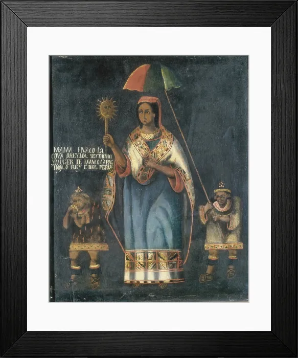 Framed Print : Mama Huaco, one of four sisters and wives of Manco Capac, legendary founder of the Inca Empire of Cuzco in the early 13th century. Portrait of Cuzco school. Colonial baroque