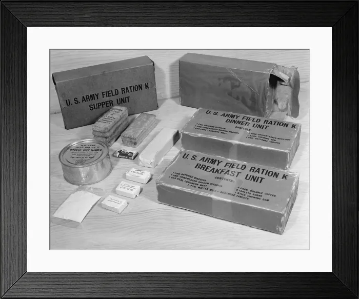 Framed Print : World War 2 K Rations issued to U.S. soldiers in emergencies and continuous combat. The three meals, weighs only 2 pounds and contained 3, 000 calories