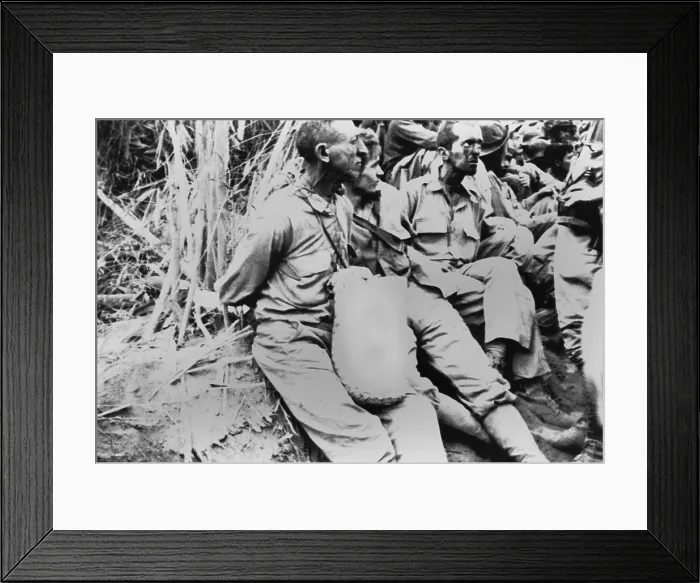 Framed Print : American POWs along the Bataan Death March to a prison camp at Cabanatuan. These prisoners have their hands tied behind their backs. World War 2, May 1942. (BSLOC_2013_11_206)