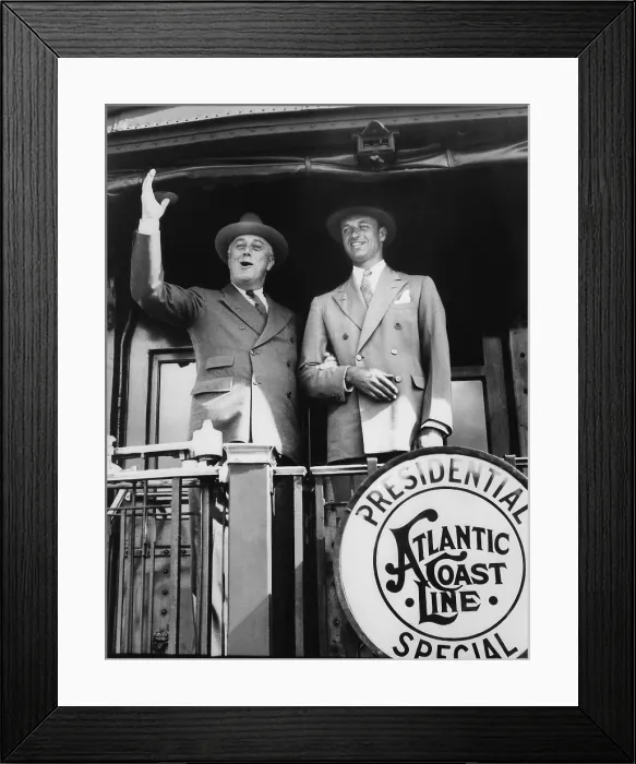 Framed Print : President Franklin Roosevelt with son James, waving from the Presidential Special. Dec. 31, 1934. (BSLOC_2013_5_111) Framed Print : President Franklin Roosevelt with son James, waving from the Presidential Special. Dec. 31, 1934. (BSLOC_2013_5_111)