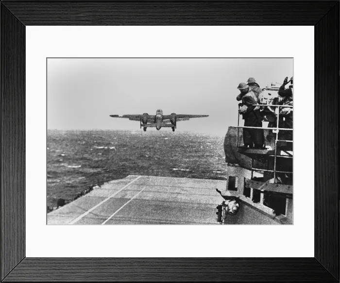 Framed Print : Doolittle Raid, April 18, 1942. An Army B-25 bomber takes off from the USS HORNET in first U.S. air raid on Japan lead by General James Doolittle during World War 2