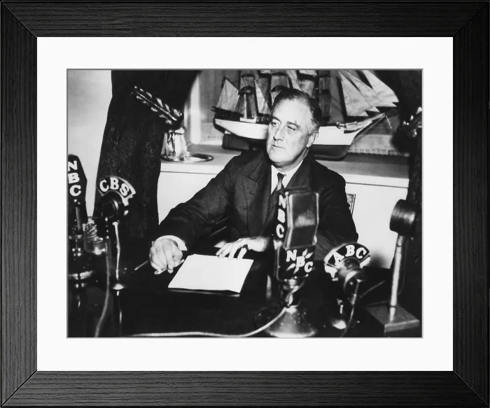 Framed Print : Franklin Roosevelt having a fireside chat from the White House via radio. Apr. 28, 1935