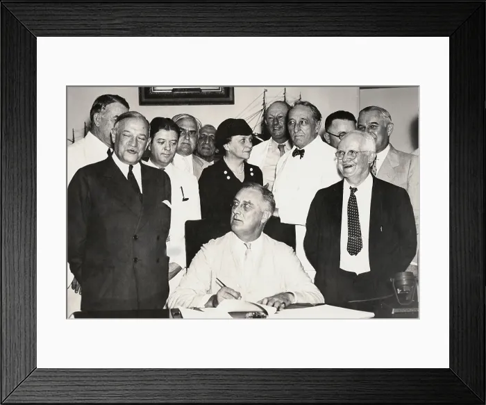 Framed Print : President Franklin Roosevelt signing the Social Security Act. Among those with the President are Sen. Alben Barkley, Sen. Robert Wagner, Sen. Robert LaFollette, Labor Sec