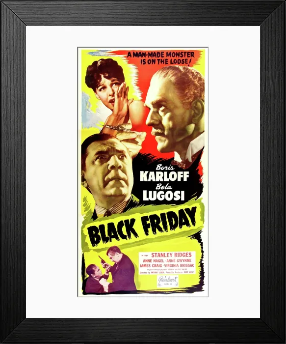 Framed Print : BLACK FRIDAY, top left: Anne Nagel; top right: Boris Karloff; middle left: Bela Lugosi; bottom left, from left to right: Stanley Ridges