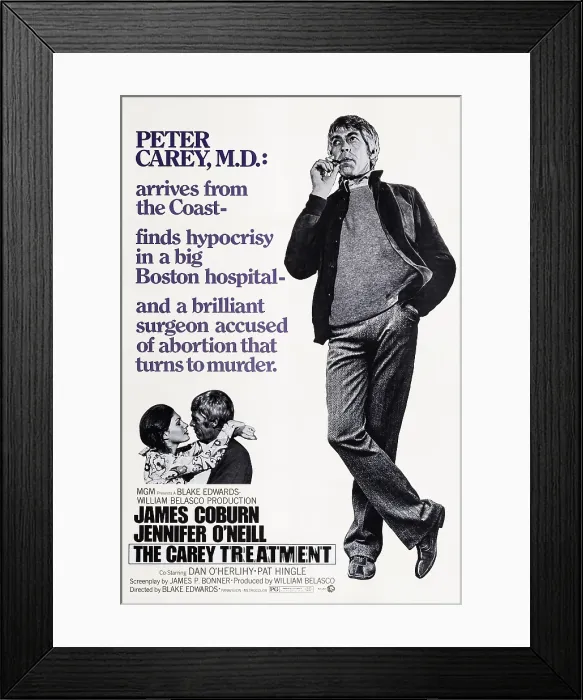 Framed Print : THE CAREY TREATMENT, US poster art, bottom left: Jennifer O'Neill, James Coburn; right: James Coburn, 1972
