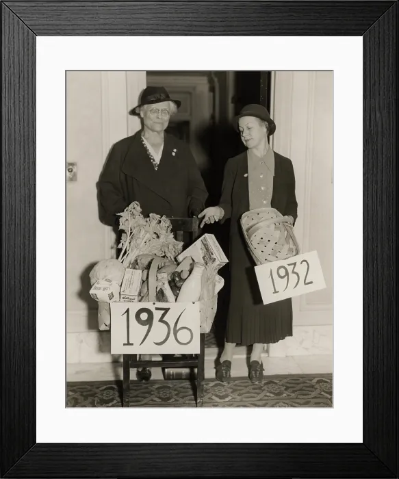 Framed Print : Democratic Party photo for the 1936 re-election campaign of Franklin Roosevelt. It compares an empty grocery basket with one that is abundantly full of food. (BSLOC_2013_5_121)