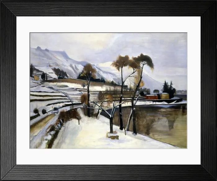Framed Print : Winter Landscape, by Penagini Siro, 1934, 20th Century, oil on canvas - Private collection. Whole artwork view. White landscape with snow