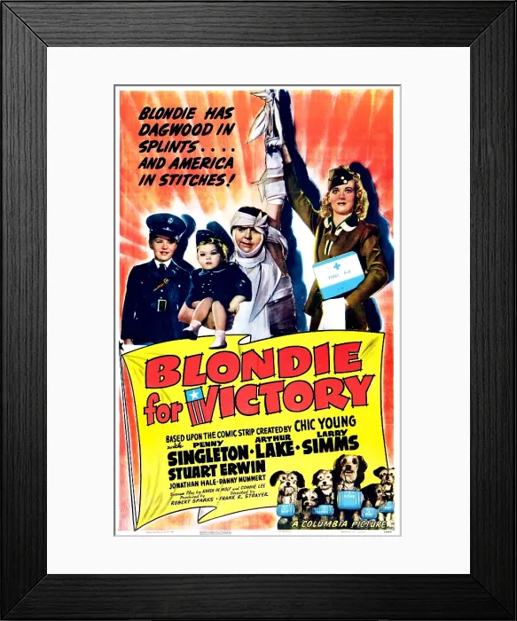 Framed Print : BLONDIE FOR VICTORY, US poster, from left: Danny Mummert, Larry Simms, Arthur Lake, Penny Singleton, Daisy (bottom, 4th from left), 1942 Framed Print : BLONDIE FOR VICTORY, US poster, from left: Danny Mummert, Larry Simms, Arthur Lake, Penny Singleton, Daisy (bottom, 4th from left), 1942