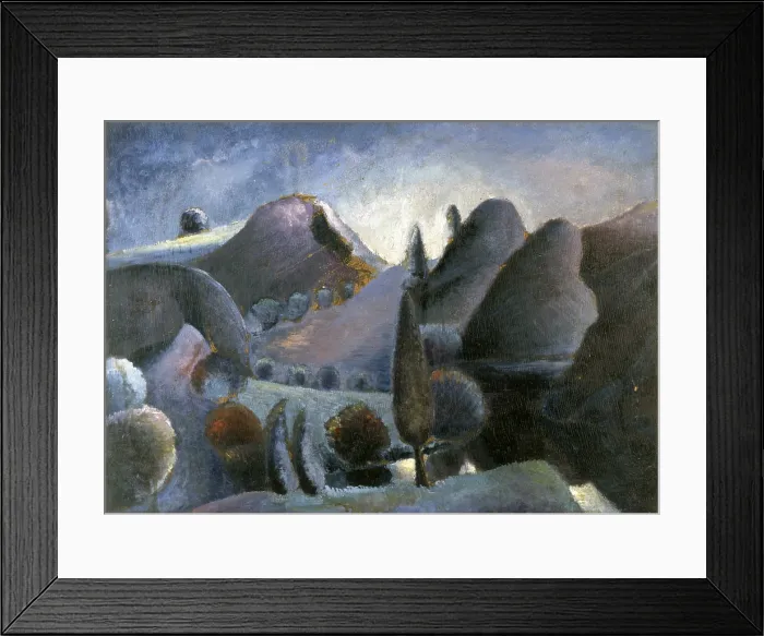 Framed Print : Purple Landscape (Paesaggio viola), by Carlo Cuppini, 1938, 20th Century, oil on canvas - Private collection. Whole artwork view. Hilly landscape with purple tones