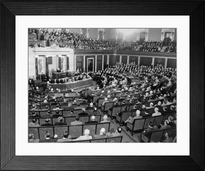 Framed Print : President Harry Truman speaking to a joint session of Congress in 1945. He made two such appearances in 1945. First on April 16, after Franklin Roosevelt's death Framed Print : President Harry Truman speaking to a joint session of Congress in 1945. He made two such appearances in 1945. First on April 16, after Franklin Roosevelt's death