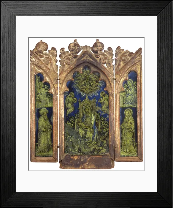 Framed Print : Tryptic, by Unknown Artist, 15th Century, scratched glass and painted wooden frame carved and gilded - Private collection. Whole artwork view. Triptych with carved wooden frame Framed Print : Tryptic, by Unknown Artist, 15th Century, scratched glass and painted wooden frame carved and gilded - Private collection. Whole artwork view. Triptych with carved wooden frame