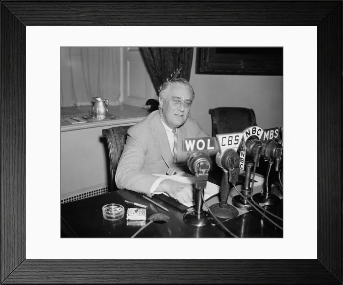 Framed Print : President Roosevelt broadcasting a Fireside Chat on May 26, 1940. He spoke of the World situation as Nazi armies advanced through Western Europe and of U.S