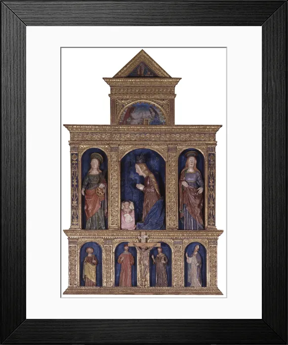 Framed Print : Wooden altarpiece with Nativity and Saints, by Unknown Artist, 15th Century - Italy, Lombardy, Sernio, Oratory of Our Lady of the Snows. Whole artwork view