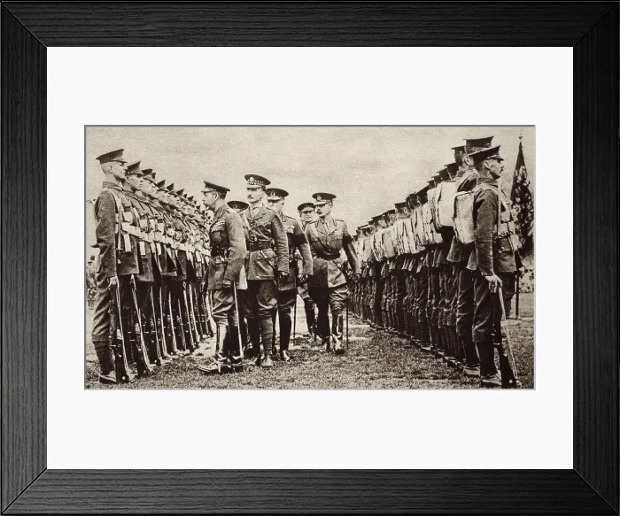 Framed Print : World War 1. King George V inspects new recruits of the British Army who will soon be sent to the Western Front in France Framed Print : World War 1. King George V inspects new recruits of the British Army who will soon be sent to the Western Front in France