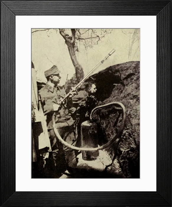 Framed Print : World War 1. Hungarians using an apparatus for projecting burning acids. Ca. 1916