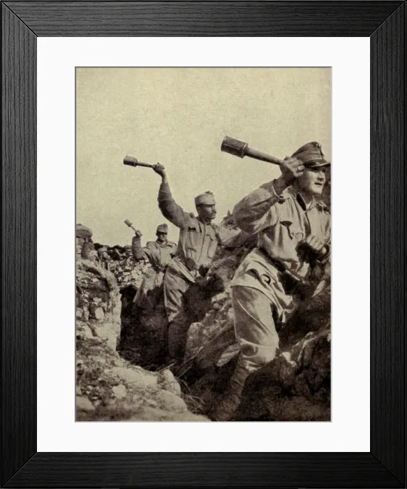 Framed Print : World War 1. Austrians hurling hand-grenades. Ca. 1916 Framed Print : World War 1. Austrians hurling hand-grenades. Ca. 1916