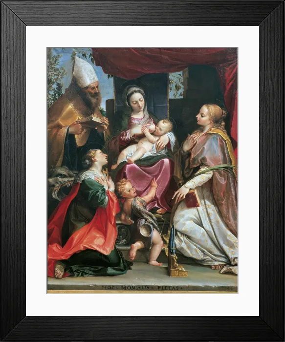 Framed Print : Madonna with Child and Young St John, St Benedict (probably), St Margaret and St Cecilia, by Agostino Carracci, 1586, 16th Century, oil on canvas, cm 152 x 127 - Italy