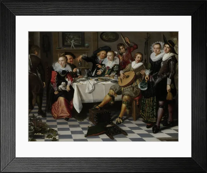 Framed Print : Merry Company, by Isack Elyas, 1629, Dutch painting, oil on panel. Interior with partying, drinking and music making company around a set table allude to the Five Senses Framed Print : Merry Company, by Isack Elyas, 1629, Dutch painting, oil on panel. Interior with partying, drinking and music making company around a set table allude to the Five Senses