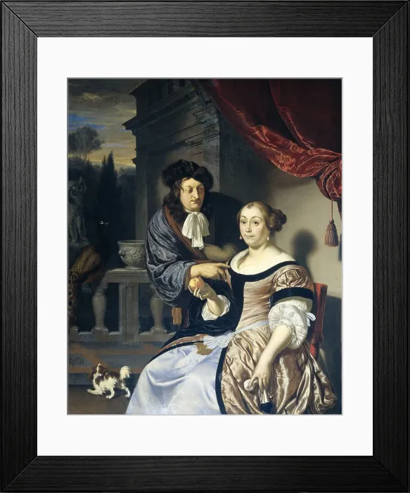Framed Print : A Man and a Woman, by Frans van Mieris (I), 1678, Dutch painting, oil on panel. On a terrace man gazes at and gently touches a seated women's shoulder Framed Print : A Man and a Woman, by Frans van Mieris (I), 1678, Dutch painting, oil on panel. On a terrace man gazes at and gently touches a seated women's shoulder