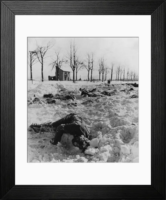 Framed Print : Bodies of U.S. soldiers slain by the Nazis after their surrender near Malmedy, Belgium. On Dec