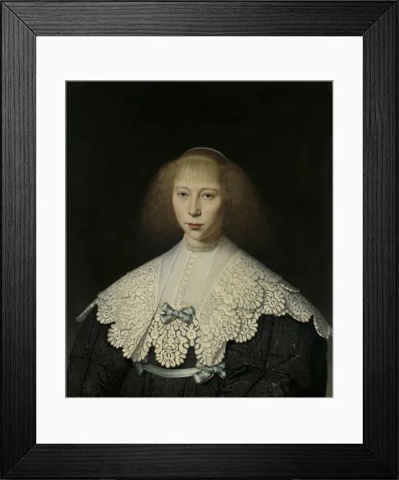 Framed Print : Agatha Geelvinck, Wife of Frederik Alewijn, by Dirck van Santvoort, 1637-40, Dutch oil painting, She wears an extravagant large lace collar over her black dress (BSLOC_2016_3_73) Framed Print : Agatha Geelvinck, Wife of Frederik Alewijn, by Dirck van Santvoort, 1637-40, Dutch oil painting, She wears an extravagant large lace collar over her black dress (BSLOC_2016_3_73)