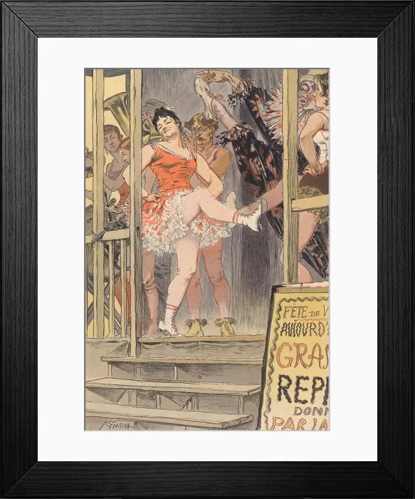 Framed Print : LA DANSE, illustration of a French side show enticing customers to purchase tickets. Showgirls wear tights and short skirts and brief corseted bodices (BSLOC_2017_12_38) Framed Print : LA DANSE, illustration of a French side show enticing customers to purchase tickets. Showgirls wear tights and short skirts and brief corseted bodices (BSLOC_2017_12_38)