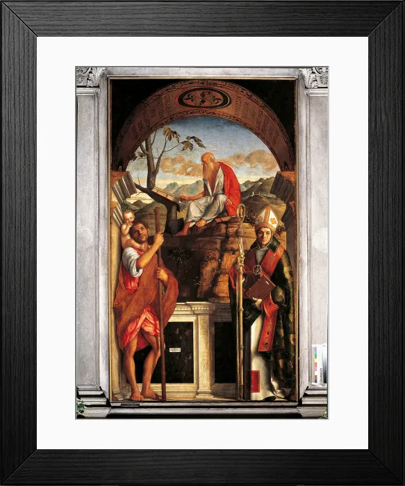 Framed Print : Sts Christopher, Jerome and Louis of Toulouse (San Giovanni Crisostomo Altarpiece), by Giovanni Bellini, 1513, 16th Century, panel, cm 308 x 178 - Italy, Veneto, Venice Framed Print : Sts Christopher, Jerome and Louis of Toulouse (San Giovanni Crisostomo Altarpiece), by Giovanni Bellini, 1513, 16th Century, panel, cm 308 x 178 - Italy, Veneto, Venice