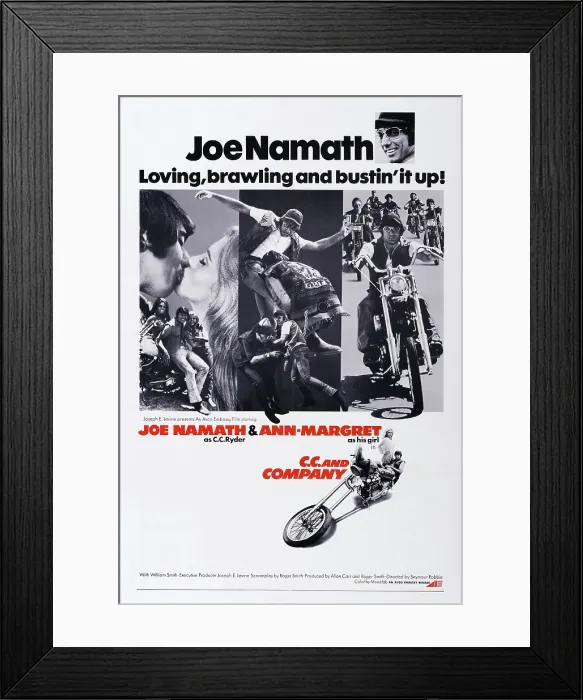 Framed Print : C.C. AND COMPANY, US poster art, left insert: Joe Namath, Ann-Margret; center and right insert: Joe Namath, 1970