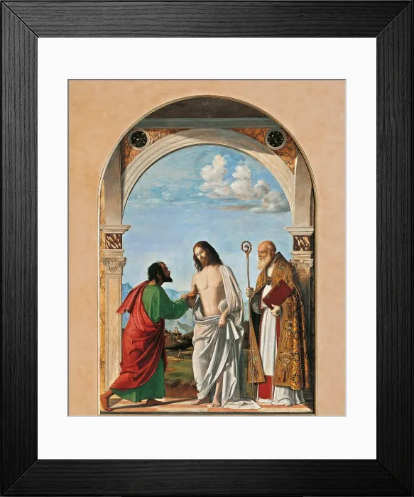 Framed Print : Incredulity of St Thomas with Bishop Magno, by Giovanni Battista Cima da Conegliano known as Cima da Conegliano, 1505 about, 16th Century, rounded panel, cm 251 x 141 - Italy Framed Print : Incredulity of St Thomas with Bishop Magno, by Giovanni Battista Cima da Conegliano known as Cima da Conegliano, 1505 about, 16th Century, rounded panel, cm 251 x 141 - Italy