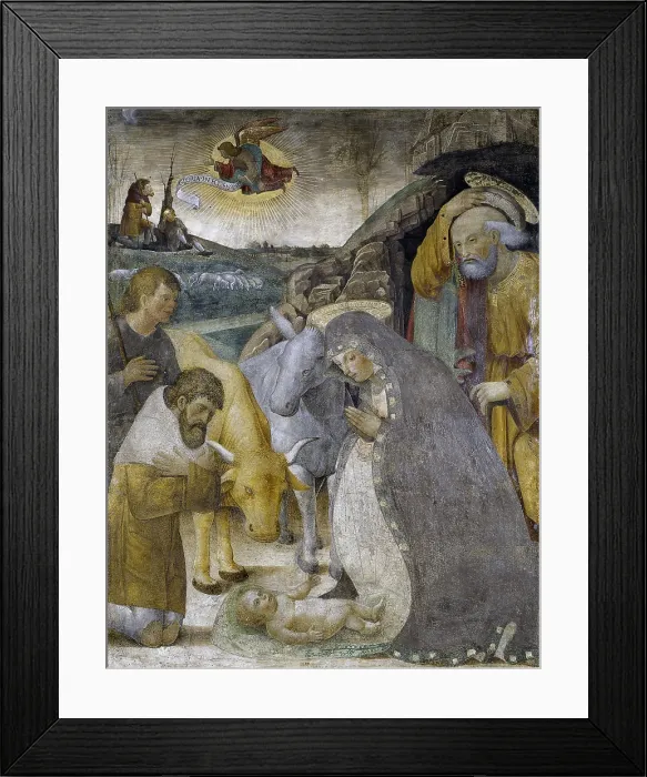 Framed Print : Adoration of the Shepherds, by Unknown Artist, 15th Century, torn fresco - Italy, Lombardy, Lodi, Parrish of Saint Lawrence. Whole artwork view