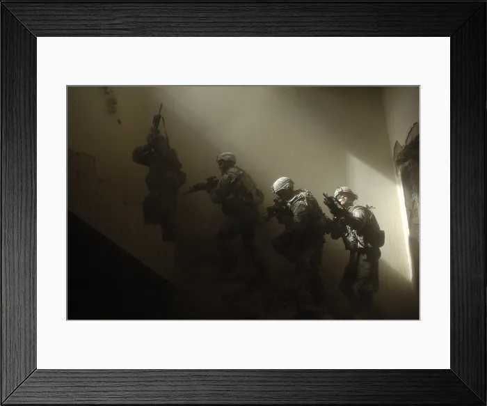 Framed Print : US soldiers clear a staircase during a combined training exercise with Iraqi soldiers near Bahbahani Iraq on June 6 2009. (BSLOC_2011_12_148)