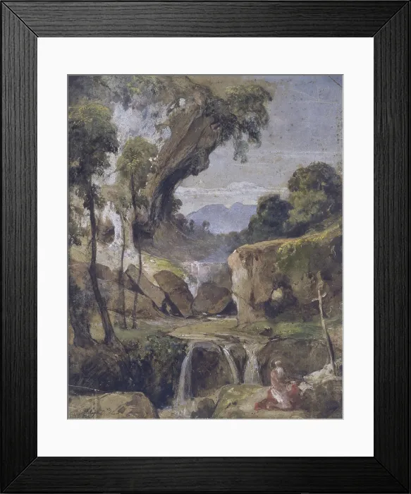 Framed Print : Landscape with St. Jerome, by Giacinto Gigante, 1852, 19th Century, watercolor on paper - Italy, Campania, Naples, National Museum in Capodimonte. Whole artwork view