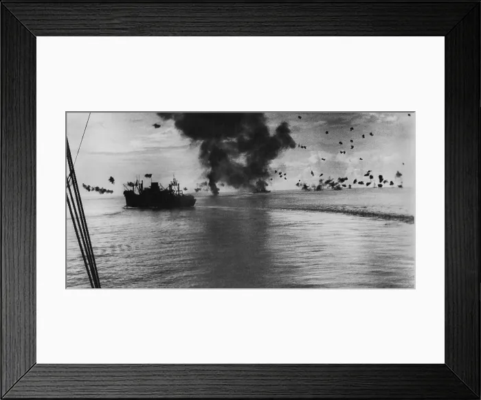 Framed Print : USS President Jackson, is making a 90 degree left turn. In the center is the smoke from a Japanese plane that crashed into the USS San Francisco, CA-38, in the Solomon Islands