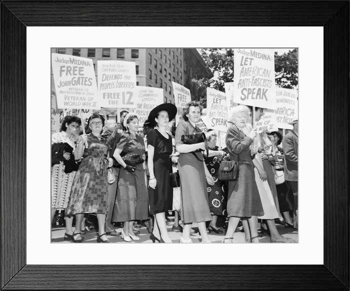 Framed Print : Wives of defendants in the Foley Square Trial of American Communists protest in 1949. Mrs. John Gates, Mrs. Henry Winston, and Mrs Framed Print : Wives of defendants in the Foley Square Trial of American Communists protest in 1949. Mrs. John Gates, Mrs. Henry Winston, and Mrs