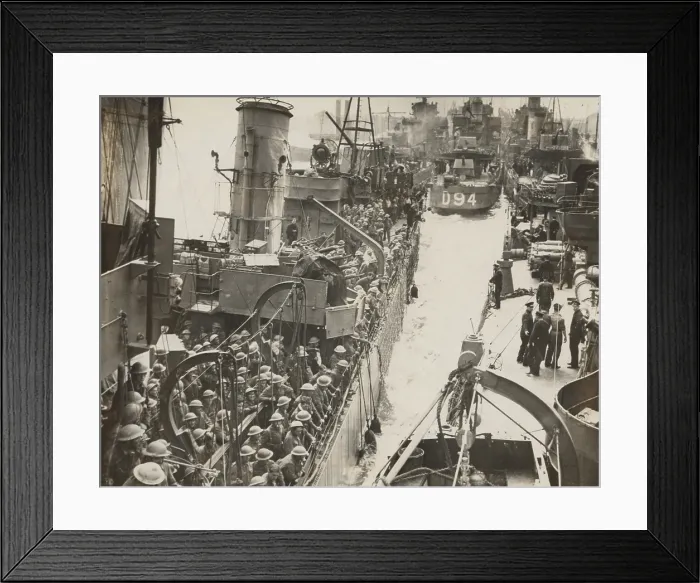 Framed Print : Traffic jam in an English port, after the evacuation of British Expeditionary Force from Dunkirk. Several ships, densely packed with soldiers, in June 1940 during World War 2