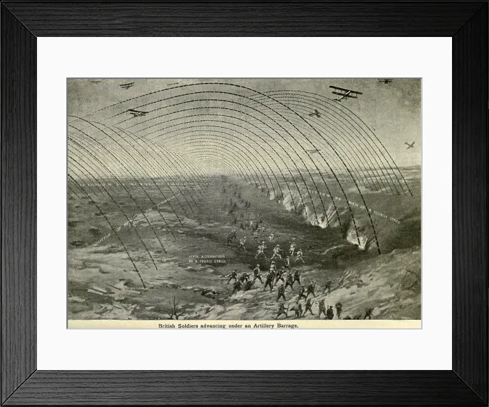 Framed Print : World War 1. Diagram of British soldiers advancing under a creeping artillery barrage. Western Front, ca. 1915-1918