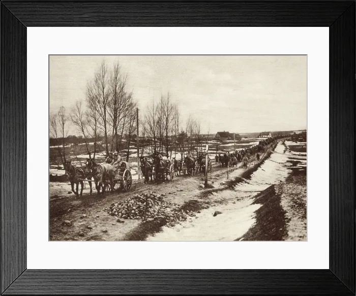 Framed Print : World War 1. German transport column, miles in length, advancing over the Russian plains in early spring, with snow still clinging in patches to the ground Framed Print : World War 1. German transport column, miles in length, advancing over the Russian plains in early spring, with snow still clinging in patches to the ground